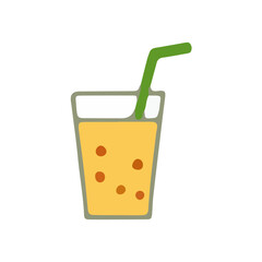 A simple illustration of a glass filled with orange juice and a green straw.