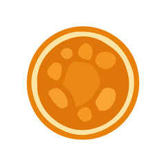 A flat, top-down illustration of a sliced orange, showcasing its segments and rind in a simple, cartoon style.