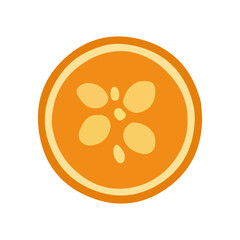 Orange circular graphic design with a stylized flower or seed pod motif.