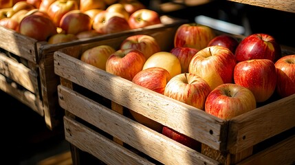 Freshly Harvested Apples in Wooden Crates at a Market Stand