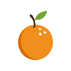 A vibrant, cartoon illustration of a whole, ripe orange fruit with a green leaf.