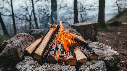 Cozy Campfire Surrounded by Nature in Tranquil Outdoor Setting