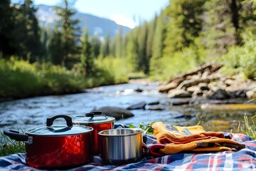 Scenic Cooking Setup by a Stream in a Lush Mountain Landscape