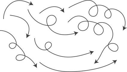  Hand drawn curve line arrow set. curved pointers sign. Spiral dotted line arrow. Abstract black lines wave curve motion. Wave ornament pattern