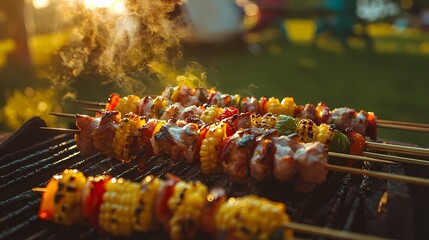 Grilled Skewers of Meat and Vegetables Over Charcoal Barbecue Fire