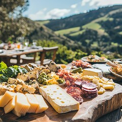 Vibrant Outdoor Cheese Platter with Fresh Ingredients and Scenic View