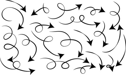  Hand drawn curve line arrow set. curved pointers sign. Spiral dotted line arrow. Abstract black lines wave curve motion. Wave ornament pattern