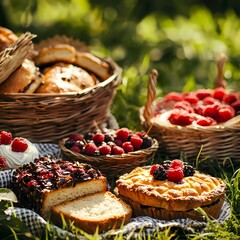 Fresh Berries and Pastries in Rustic Baskets on Green Grass
