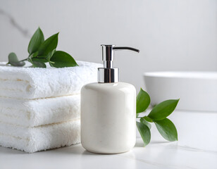 Aesthetic bathroom scene with a matte soap dispenser on a stone counter, styled with folded towels and greenery. Perfect for personal care branding, editorial, or packaging mockups.