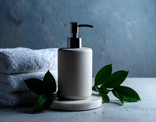 Aesthetic bathroom scene with a matte soap dispenser on a stone counter, styled with folded towels and greenery. Perfect for personal care branding, editorial, or packaging mockups.