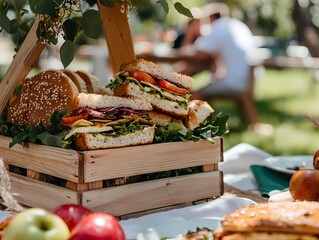 Fresh Sandwiches and Apples in a Rustic Picnic Setting Outdoors