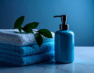 Aesthetic bathroom scene with a matte soap dispenser on a stone counter, styled with folded towels and greenery. Perfect for personal care branding, editorial, or packaging mockups.