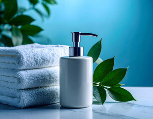 Aesthetic bathroom scene with a matte soap dispenser on a stone counter, styled with folded towels and greenery. Perfect for personal care branding, editorial, or packaging mockups.