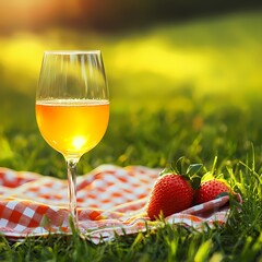 Refreshing Glass of Orange Beverage with Strawberries on Picnic Cloth