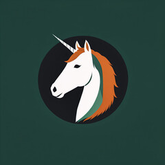 Modern minimalist icon of unicorn &mdash; geometric Scandinavian-style silhouette in forest green and terracotta, clean lines, elegant and nature-inspired design for branding or decor