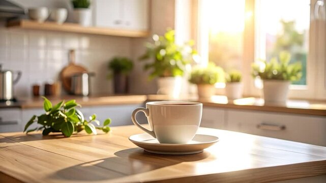 Sunny kitchen scene with steaming cup on wood table