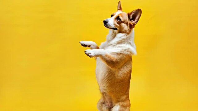 A corgi dog dancing in a funny pose. Entertaining and joyful image.