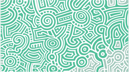 Abstract green and white pattern with circles, spirals, and geometric shapes creating a maze like design