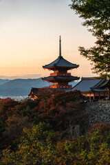 Scenic sight in Kiyomizu-dera Temple at sunset during fall season. Kyoto, Japan.