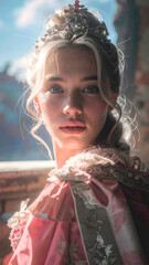 A stunning fantasy princess stands gracefully on a castle balcony at sunset, overlooking her magical kingdom. Ideal for book covers, fantasy art, and storytelling visuals.