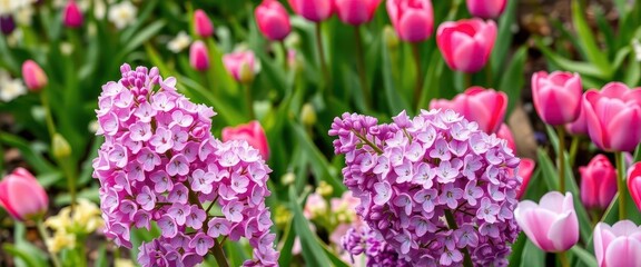 Obraz premium Lilac blossoms and vibrant pink & purple tulips in a spring garden, bloom, fresh, floral