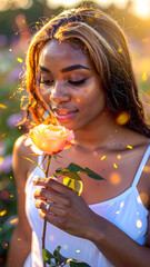 A beautiful woman holding a red rose with a calm and romantic expression. Ideal for use in beauty, fashion, skincare, or editorial content with a soft and emotional tone.