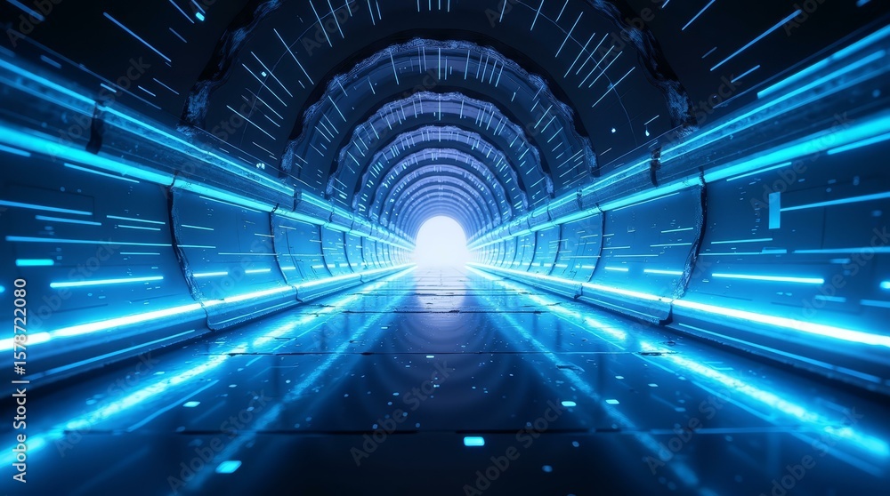 Poster minimal light tunnel structure — horizontal futuristic visual for transmission or breakdown scenes.
