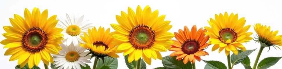 Fototapeta premium Vibrant sunflowers & daisies bouquet, isolated on white , yellow, photography