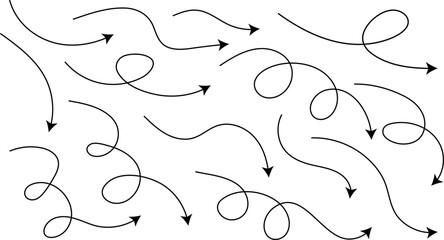 Sketch dashed arrows design. Hand drawn curve line arrow set. Zigzag arrow stripes design with dotted lines. curved hand drawn arrows