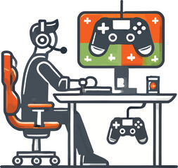 Vector illustration of a gamer playing video games with a headset and controller