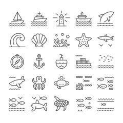 Collection of Black Line Art Icons Depicting Nautical Themes Marine Life and Ocean Vessels Including Sailboats Cargo Ships Sharks Starfish Octopuses Turtles and Coral Reefs