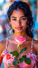 Beautiful woman holding a red rose with a calm and romantic expression. Ideal for use in beauty, fashion, skincare, or editorial content with a soft and emotional tone.