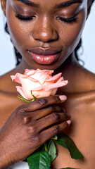 Beautiful woman holding a red rose with a calm and romantic expression. Ideal for use in beauty, fashion, skincare, or editorial content with a soft and emotional tone.