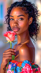 Beautiful woman holding a red rose with a calm and romantic expression. Ideal for use in beauty, fashion, skincare, or editorial content with a soft and emotional tone.