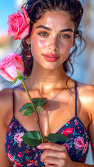 Beautiful woman holding a red rose with a calm and romantic expression. Ideal for use in beauty, fashion, skincare, or editorial content with a soft and emotional tone.