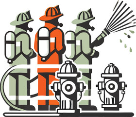 Vector illustration of firefighters in uniform operating near a fire hydrant