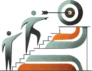 Illustration of achieving goals teamwork and progress towards hitting target with arrow symbol