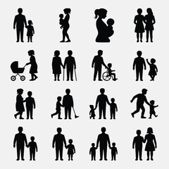 Collection of Black Silhouette Family Figures Diverse Poses Parents Children Baby Stroller Wheelchair Grandparents