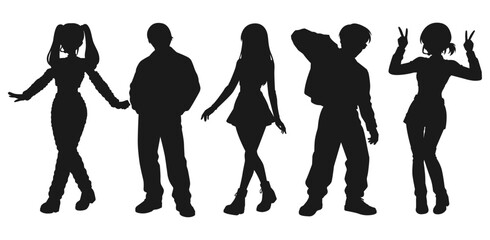 Set silhouette illustrations of kpop idols singing and dancing on stage. Flat vector kpop music star. Modern group dancers with various different styles, poses and choreography. Korean pop cultures.