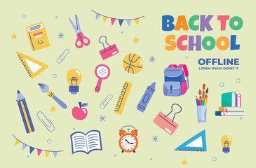 Back to school vector illustration, school supplies set, cartoon style