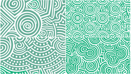 Four panel design featuring white spirals, lines, and dots on a teal background, creating a pattern effect