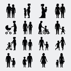 Collection of Black Silhouettes Depicting Diverse Family Units Couples with Children Adults with Wheelchairs and Strollers Baby Carriages and Various Family Configurations