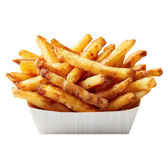 French fries served in classic red white striped box concept. A delicious serving of crispy golden French fries in a box.