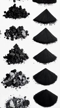 Multiple piles of coal, graphite, and ash, displayed on a plain white surface in a grid-like pattern, with various textures and shades of gray and black.