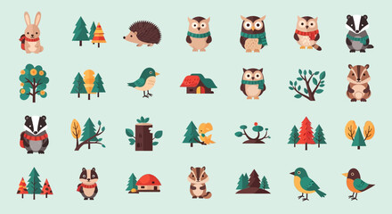 Charming collection of autumnal woodland animals and trees.