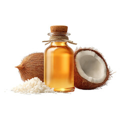 MCT oil bottle displayed with opened fresh coconuts concept. Coconut oil in a glass bottle with raw coconut pieces.