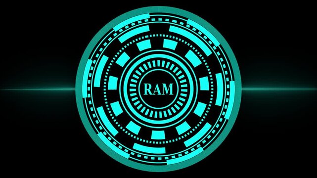 accessing memory banks  animation on black background,sci-fi alert system with ram processing unit icon,rotating hi-tech circular hud with ram symbol.