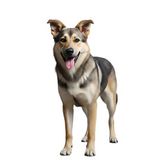 Fototapeta premium A beautiful mixed breed dog stands attentively with its tongue playfully sticking out, looking directly at the camera isolated on transparent background