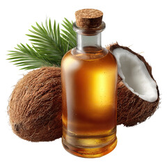MCT oil bottle displayed with opened fresh coconuts concept. Coconut oil in glass bottle with fresh coconuts and leaves.