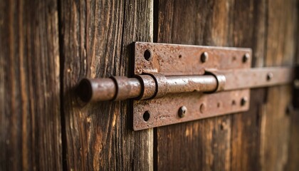Rusty latch on weathered wooden door